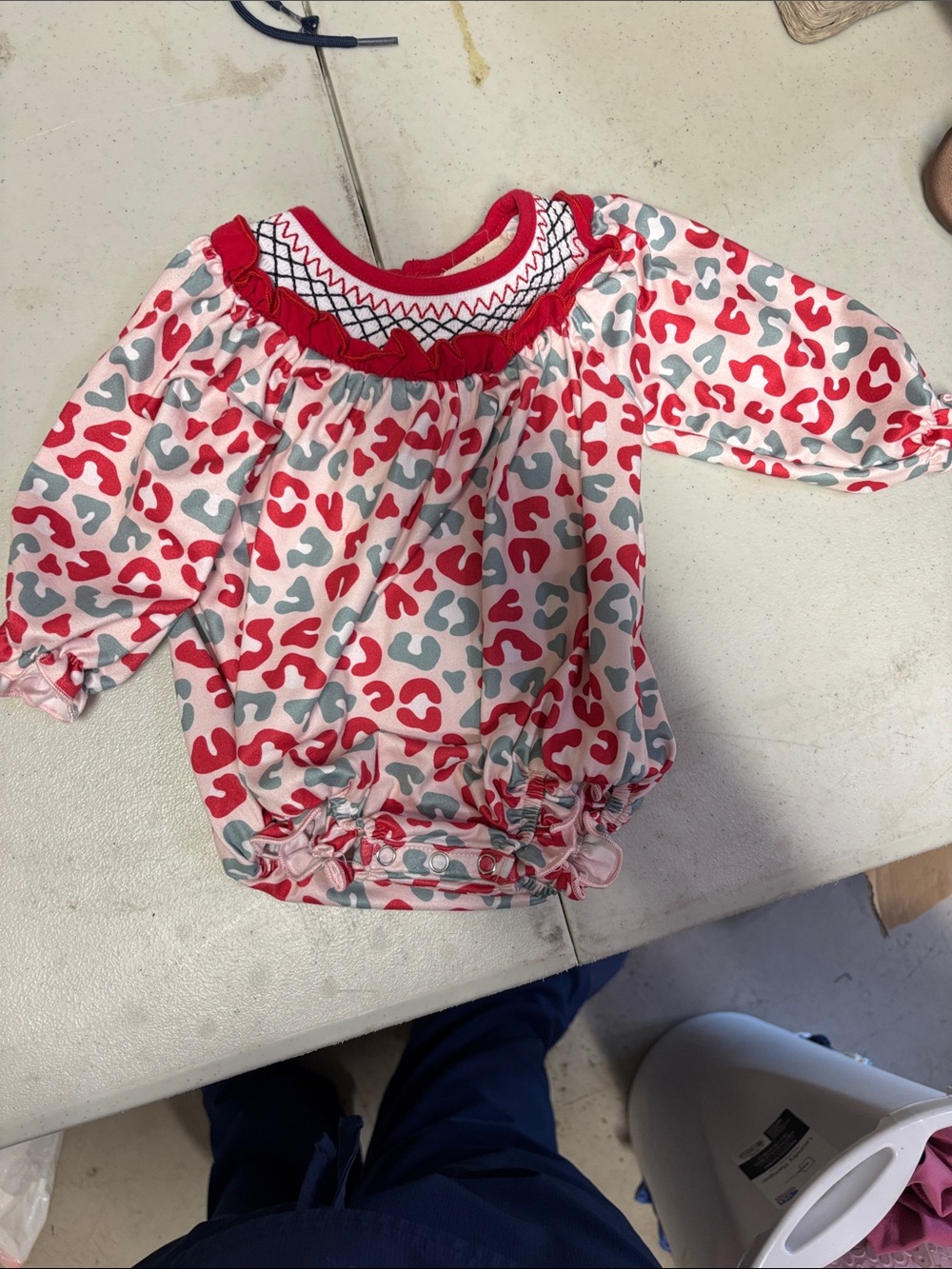 Marie Nicole Smocked top Red-Trim leopard Print Baby Bubble